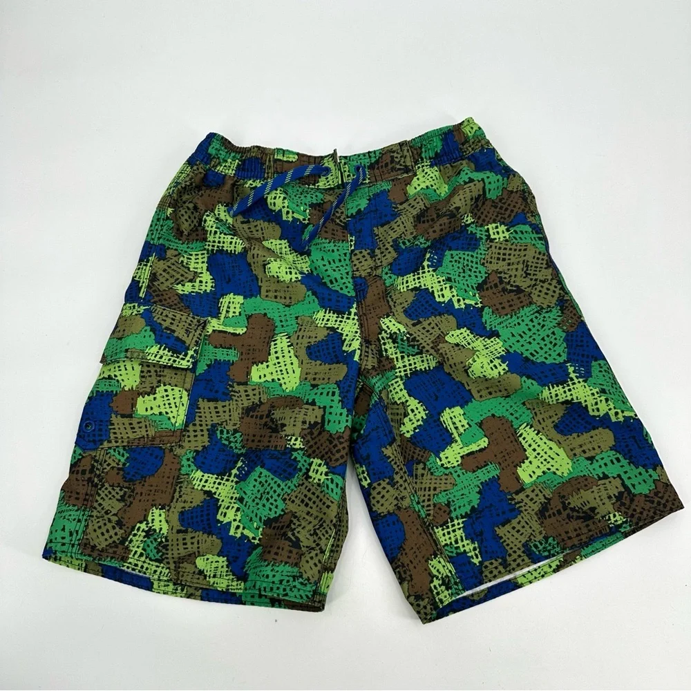 LL Bean Swim Trunks Boys Size 10 Mesh Liner Blue Green Print Beach Board Shorts